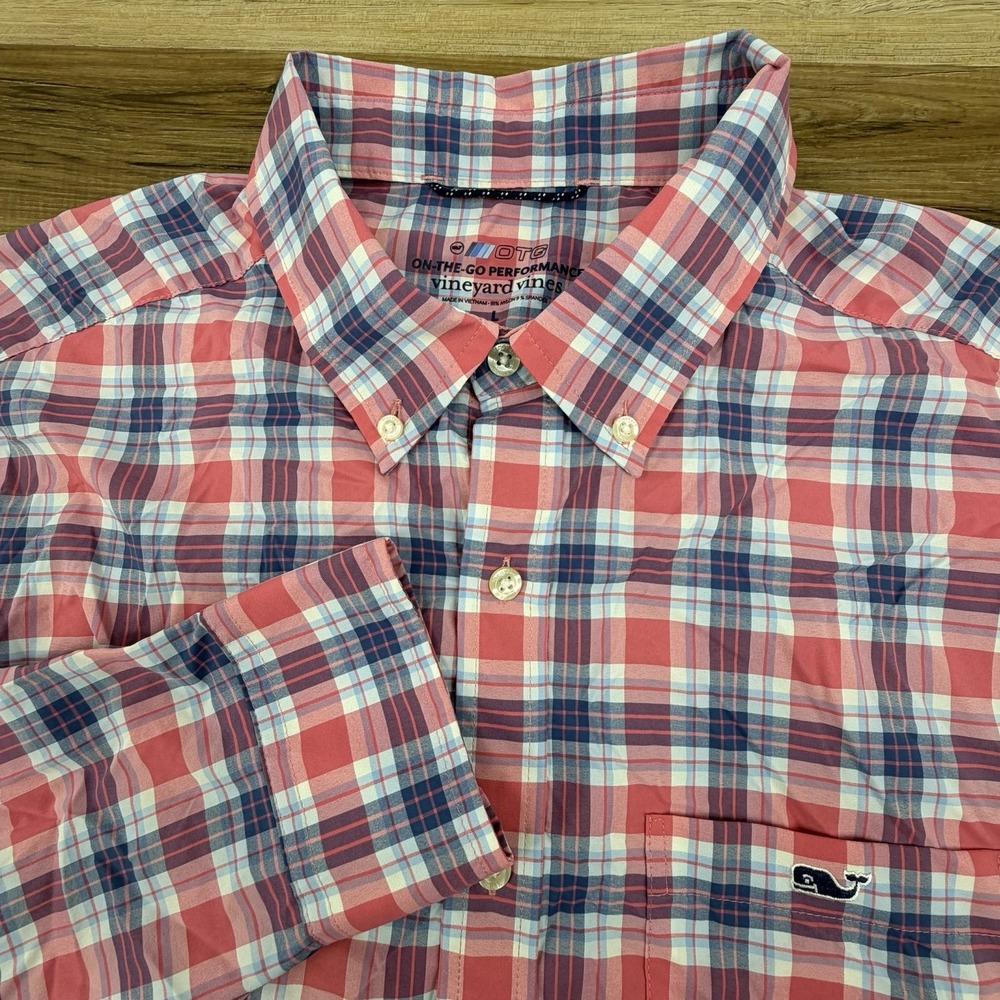 Vineyard Vine OTG On The Go Performance Shirt Mens L Red Plaid LS Button Down